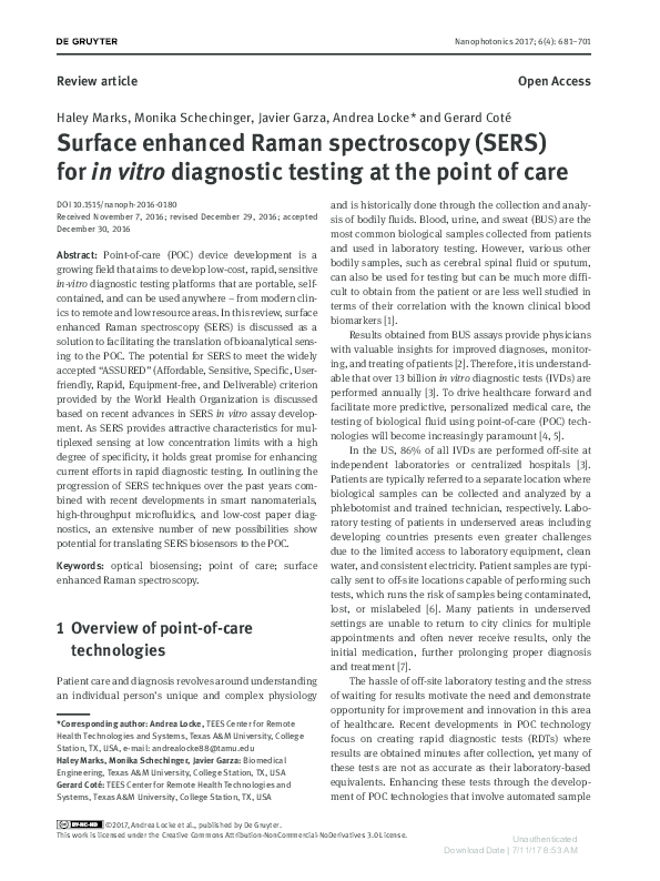(PDF) Surface enhanced Raman spectroscopy (SERS) for in vitro ...