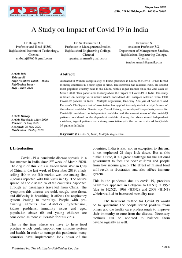 (PDF) A Study on Impact of Covid 19 in India