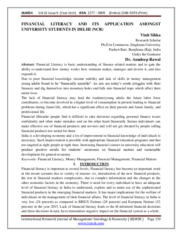 (PDF) FINANCIAL LITERACY AND ITS APPLICATION AMONGST UNIVERSITY ...