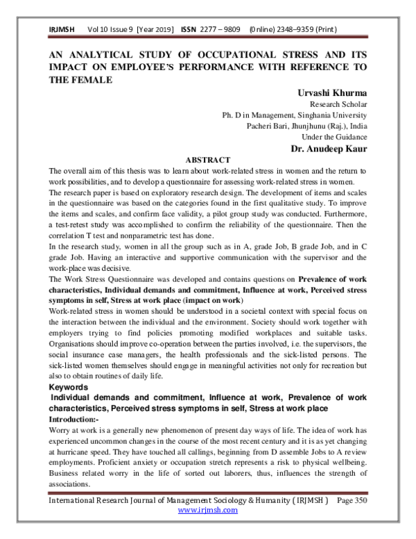 (PDF) AN ANALYTICAL STUDY OF OCCUPATIONAL STRESS AND ITS IMPACT ON ...
