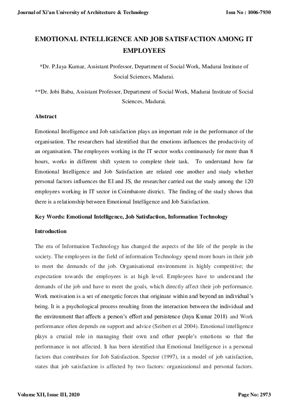 (PDF) EMOTIONAL INTELLIGENCE AND JOB SATISFACTION AMONG IT EMPLOYEES