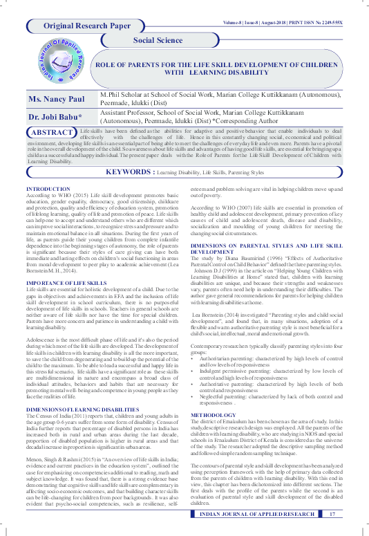 (PDF) ROLE OF PARENTS FOR THE LIFE SKILL DEVELOPMENT OF CHILDREN WITH ...
