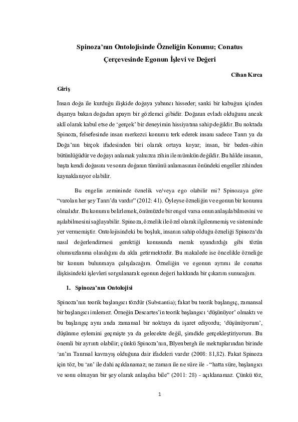 (PDF) Spinoza'nın Ontolojisinde Özneliğin Konumu; Conatus Çerçevesinde ...