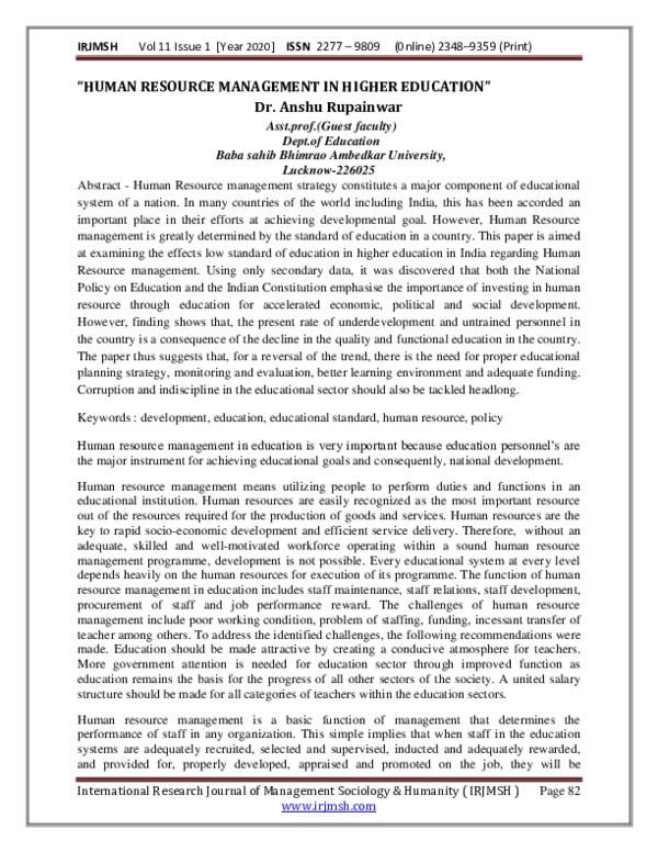 (PDF) HUMAN RESOURCE MANAGEMENT IN HIGHER EDUCATION