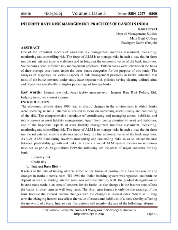 (PDF) INTEREST RATE RISK MANAGEMENT PRACTICES OF BANKS IN INDIA