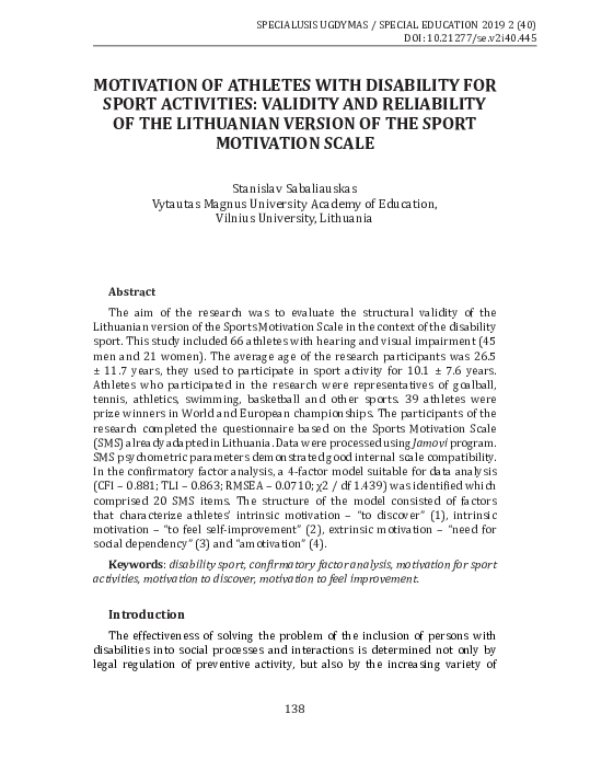 (PDF) MOTIVATION OF ATHLETES WITH DISABILITY FOR SPORT ACTIVITIES ...
