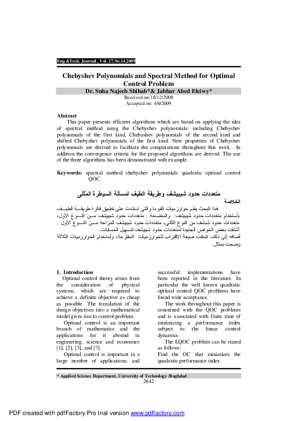 (PDF) Chebyshev Polynomials and Spectral Method for Optimal Control Problem