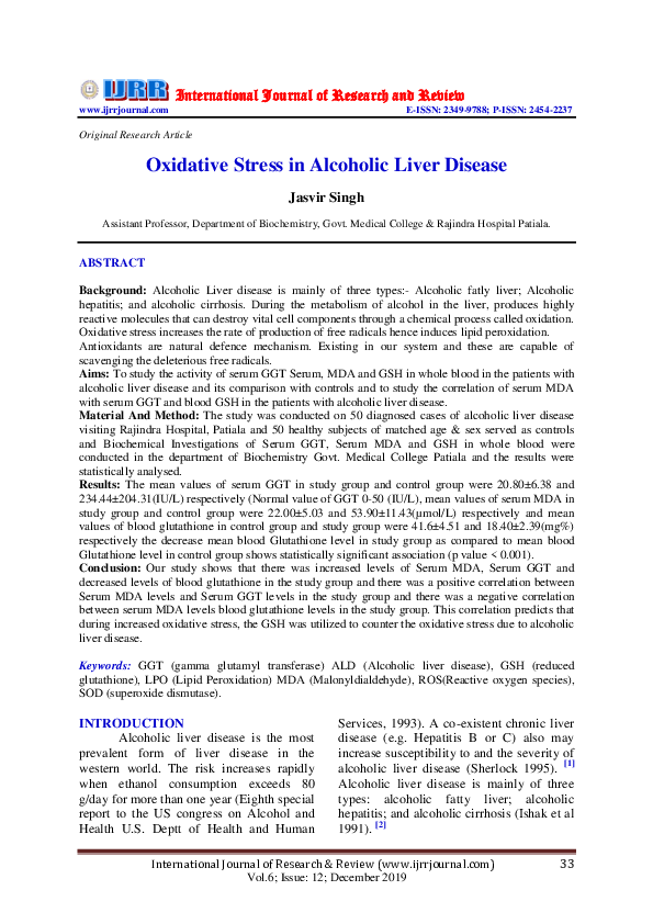 PDF) Oxidative Stress in Alcoholic Liver Disease