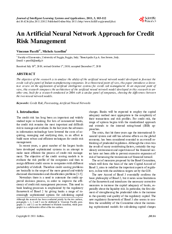 (PDF) An Artificial Neural Network Approach for Credit Risk Management