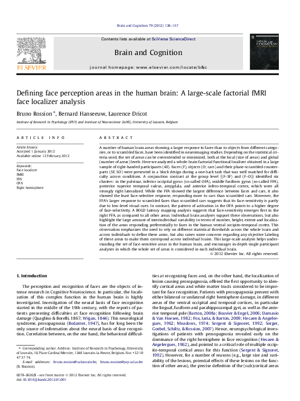 (PDF) Defining face perception areas in the human brain: A large-scale ...