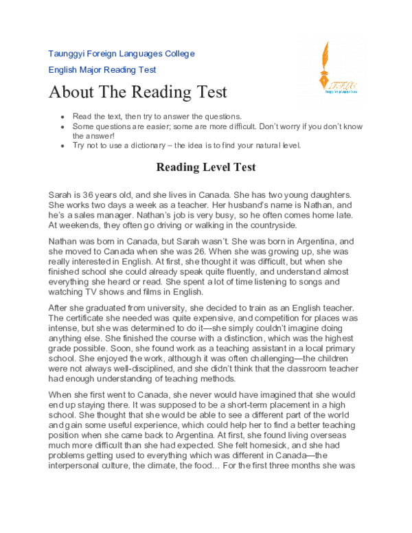 (DOC) English Reading Level Test File Tike Hmue Academia.edu