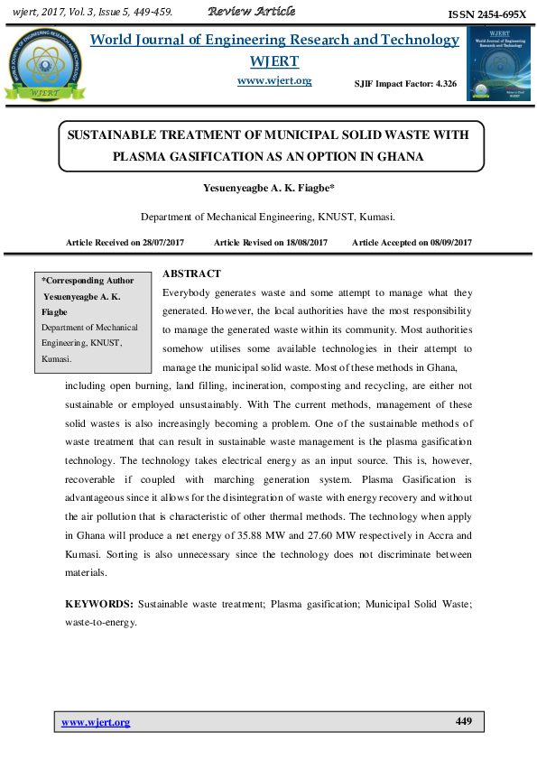 (PDF) SUSTAINABLE TREATMENT OF MUNICIPAL SOLID WASTE WITH PLASMA ...