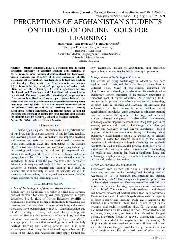 (PDF) PERCEPTIONS OF AFGHANISTAN STUDENTS ON THE USE OF ONLINE TOOLS ...