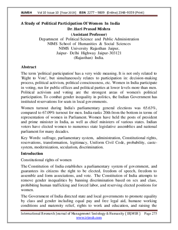 (PDF) A Study of Political Participation Of Women In India