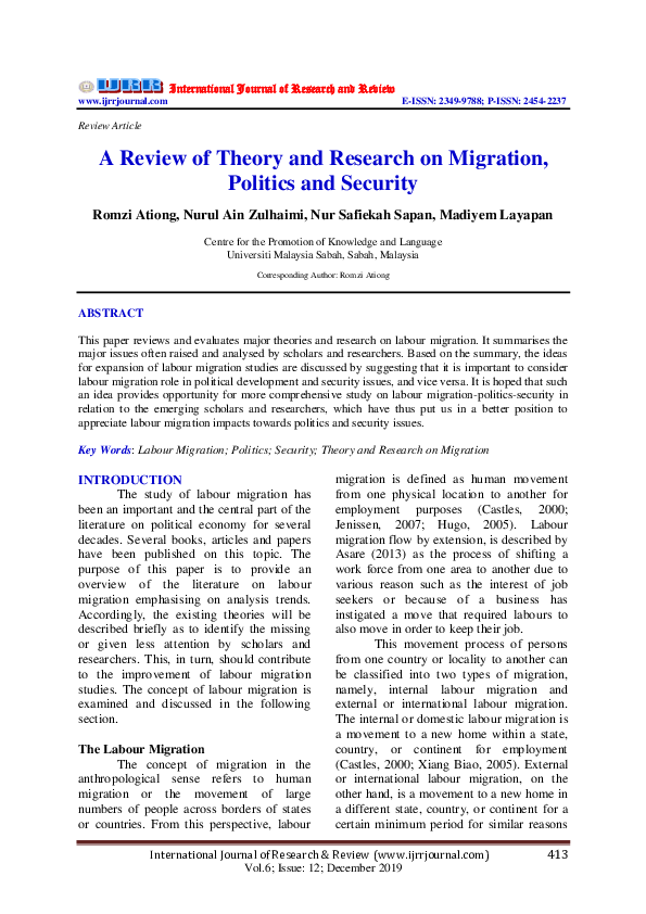 (PDF) A Review of Theory and Research on Migration, Politics and Security