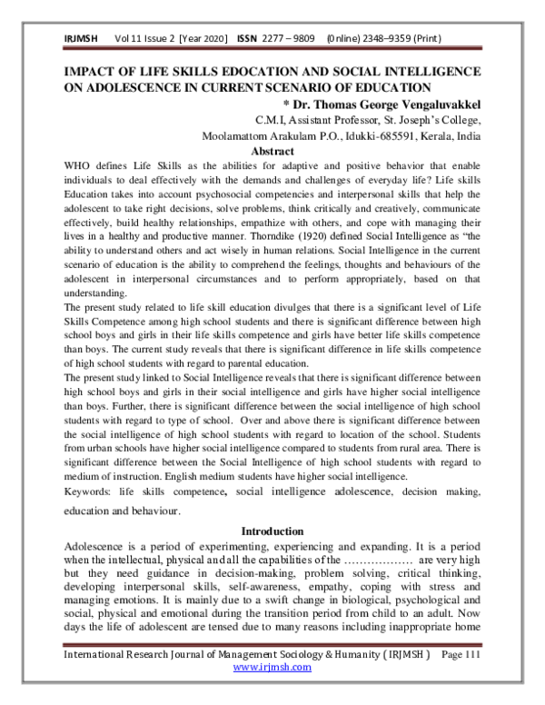 (PDF) IMPACT OF LIFE SKILLS EDOCATION AND SOCIAL INTELLIGENCE ON ...