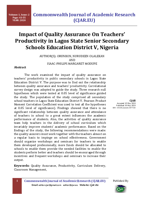 (PDF) Impact of Quality Assurance On Teachers' Productivity in Lagos ...