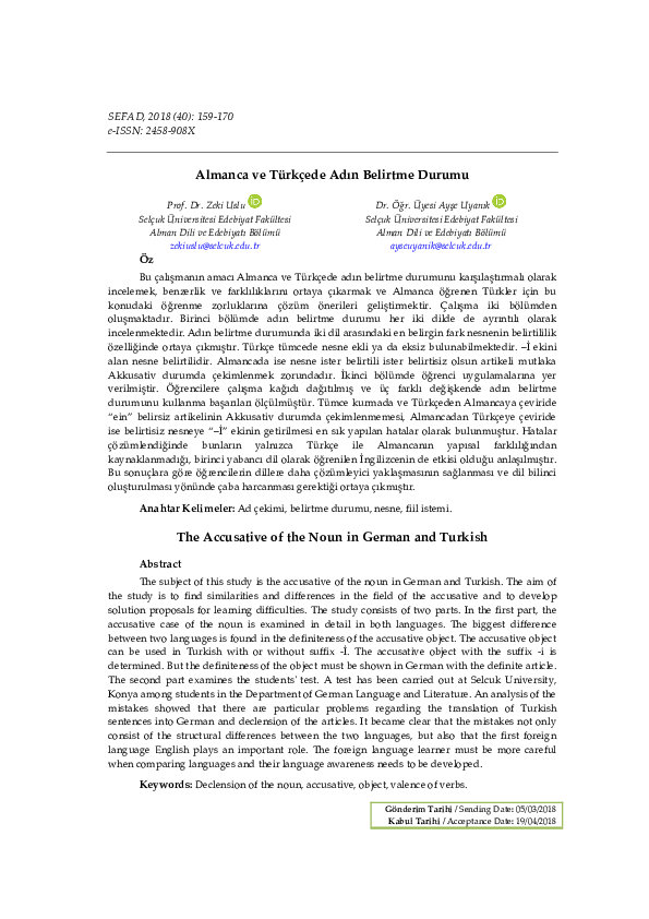 (PDF) Almanca ve Türkçede Adın Belirtme Durumu (The Accusative of the ...