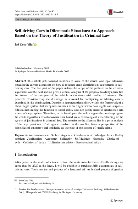 (PDF) Self-driving Cars in Dilemmatic Situations: An Approach Based on ...