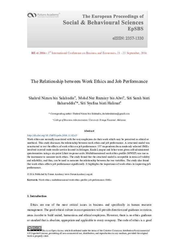 (PDF) The Relationship between Work Ethics and Job Performance