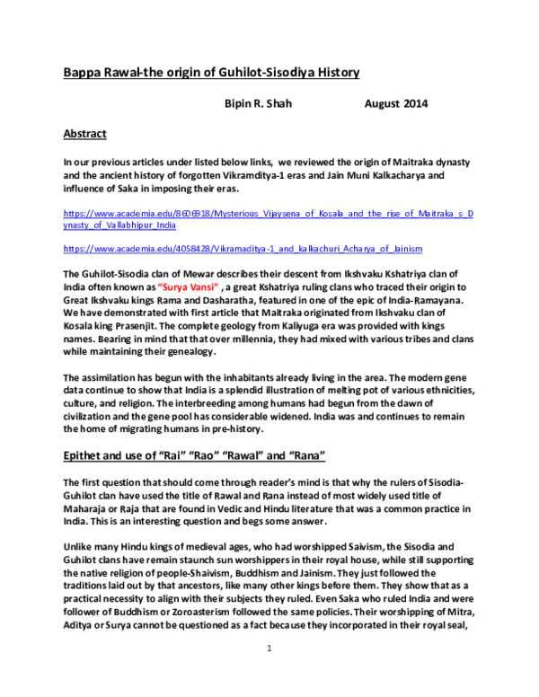 (PDF) Bappa Rawal-the origin of Guhilot-Sisodiya History