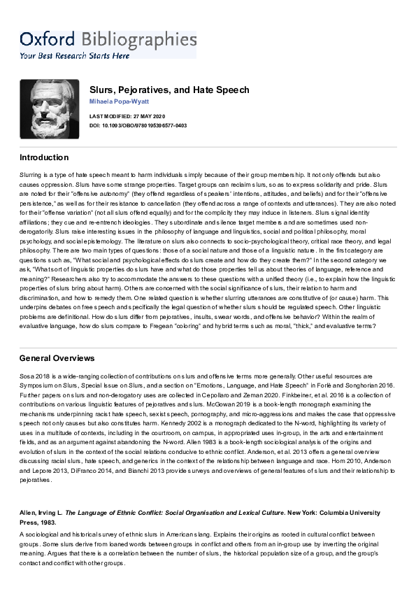 (PDF) Slurs, Pejoratives, and Hate Speech