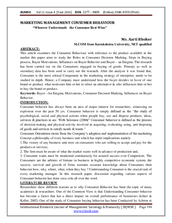 (PDF) MARKETING MANAGEMENT CONSUMER BEHAVIOUR
