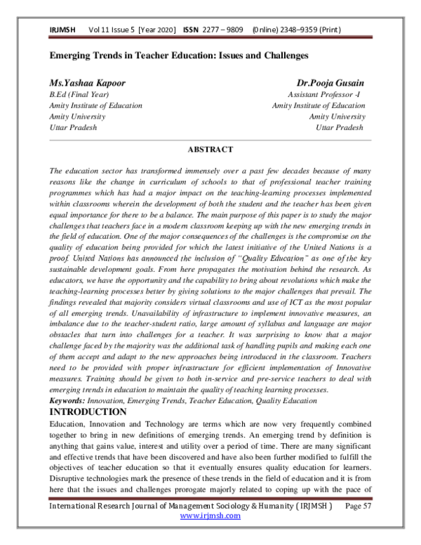 (PDF) Emerging Trends in Teacher Education: Issues and Challenges