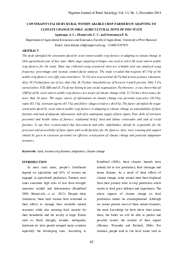 (PDF) CONSTRAINTS FACED BY RURAL WOMEN ARABLE CROP FARMERS IN ADAPTING ...