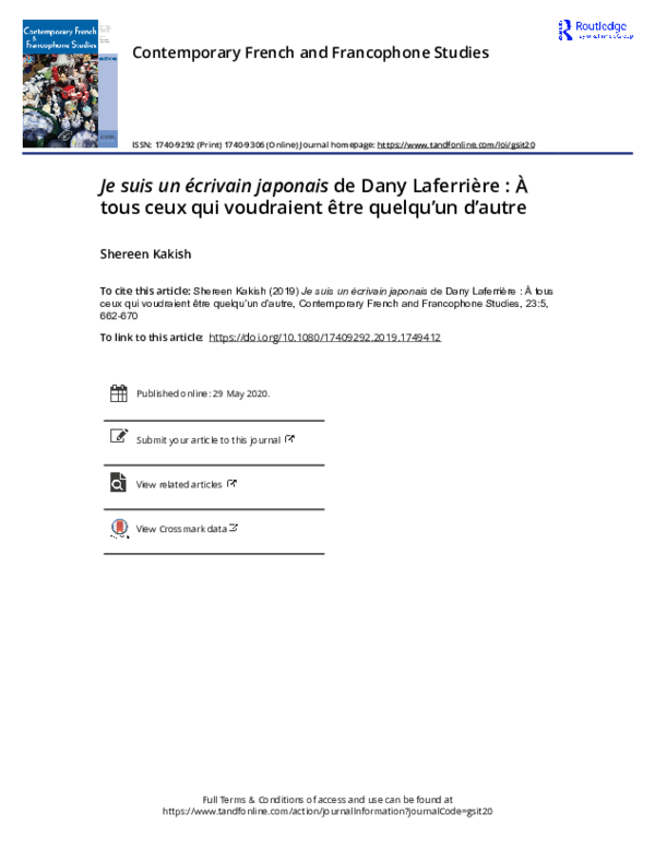Pdf Je Suis Un Ecrivain Japonais De Dany Laferriere A Tous Ceux Qui Voudraient Etre Quelqu Un D Autre Shereen Kakish Academia Edu