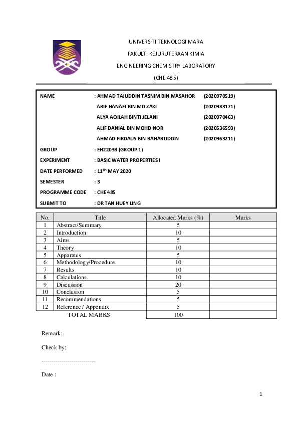 (PDF) CHE485 Chemistry Laboratory Basic Water Properties I Arif