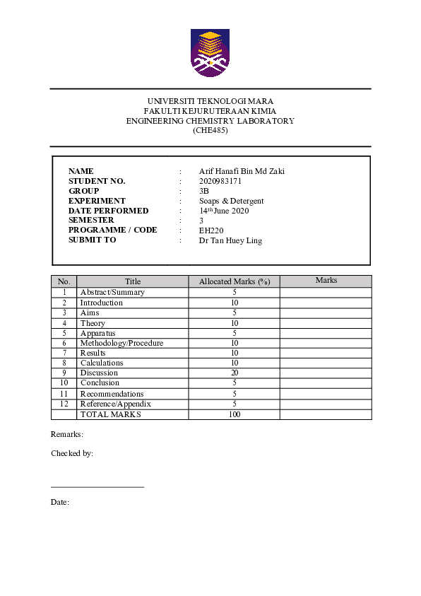 (PDF) CHE485 Chemistry Laboratory Soaps & Detergent Arif Hanafi