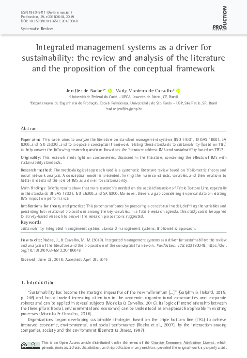 (PDF) Integrated management systems as a driver for sustainability: the
