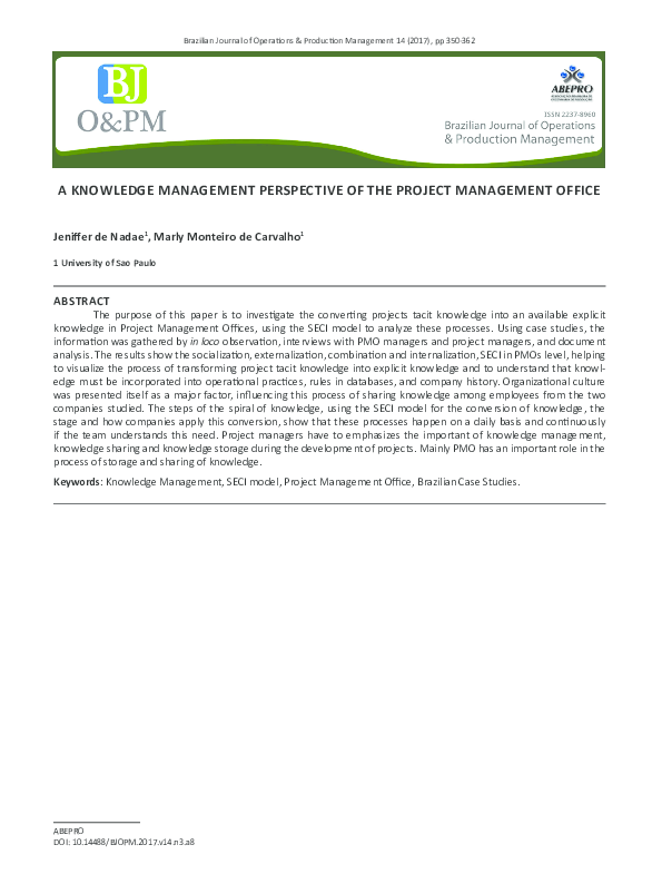 (PDF) A KNOWLEDGE MANAGEMENT PERSPECTIVE OF THE PROJECT MANAGEMENT OFFICE