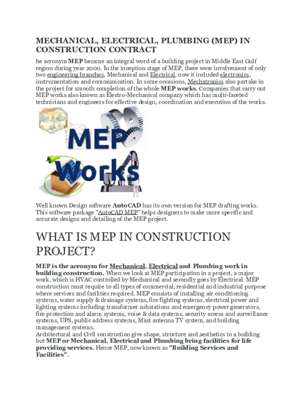 (DOC) MECHANICAL, ELECTRICAL, PLUMBING (MEP) IN CONSTRUCTION CONTRACT
