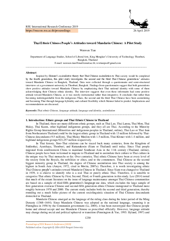 (PDF) Thai Ethnic Chinese People's Attitudes toward Mandarin Chinese: A ...