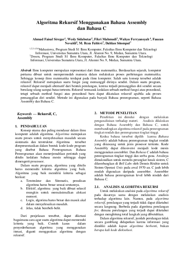 (PDF) Algoritma Rekursif Menggunakan Bahasa Assembly dan Bahasa C