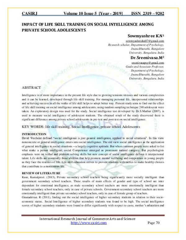 (PDF) IMPACT OF LIFE SKILL TRAINING ON SOCIAL INTELLIGENCE AMONG ...