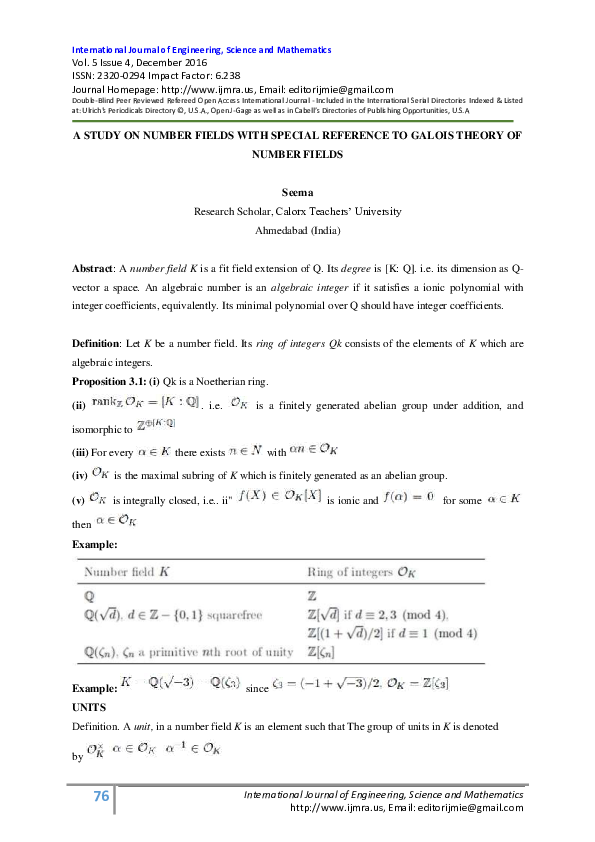 (PDF) A STUDY ON NUMBER FIELDS WITH SPECIAL REFERENCE TO GALOIS THEORY ...
