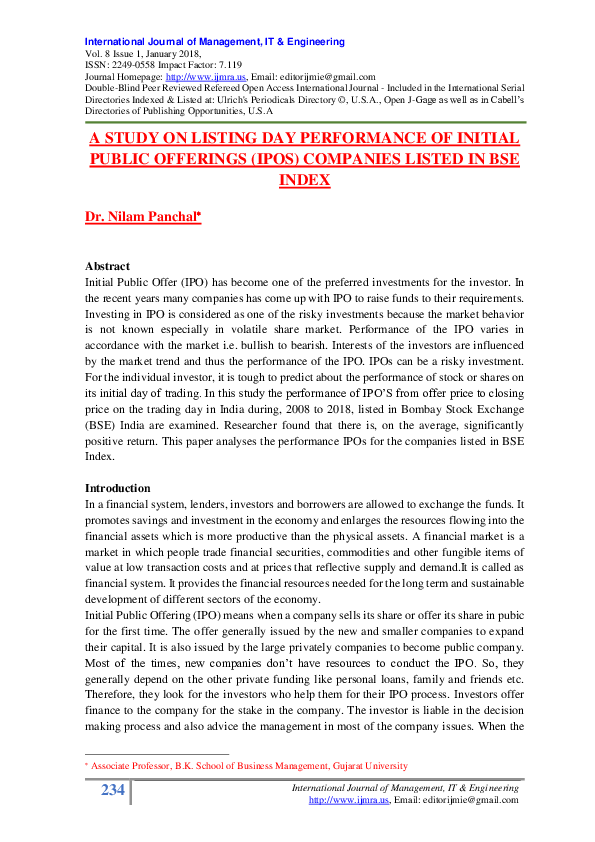 (PDF) A STUDY ON LISTING DAY PERFORMANCE OF INITIAL PUBLIC OFFERINGS ...