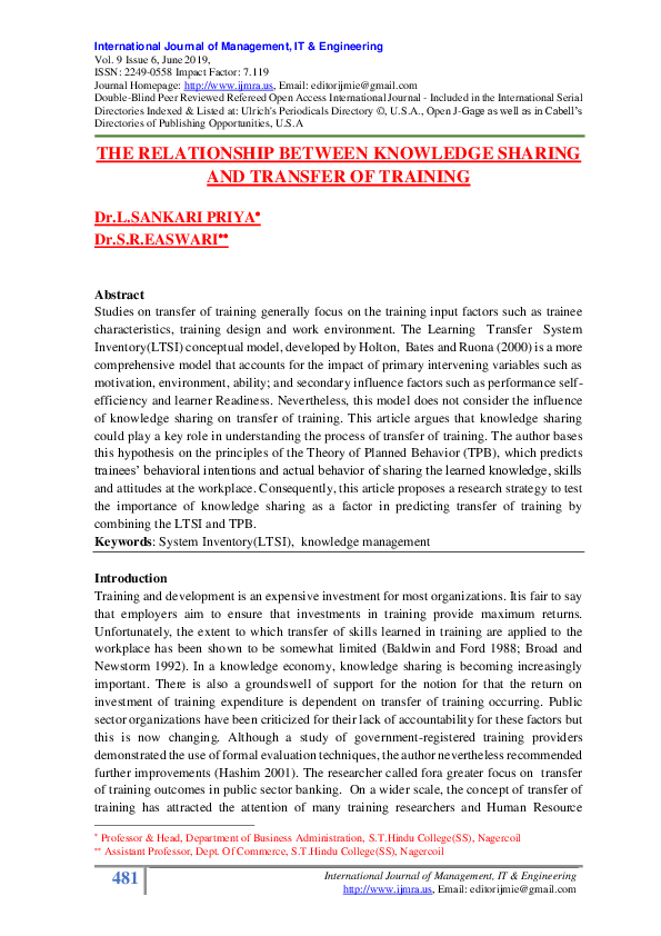 (PDF) THE RELATIONSHIP BETWEEN KNOWLEDGE SHARING AND TRANSFER OF TRAINING