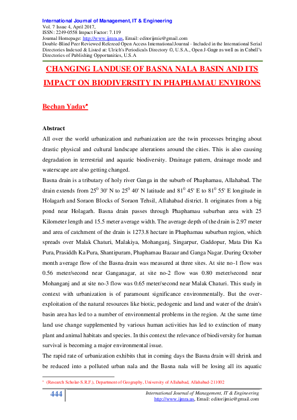 (PDF) CHANGING LANDUSE OF BASNA NALA BASIN AND ITS IMPACT ON ...