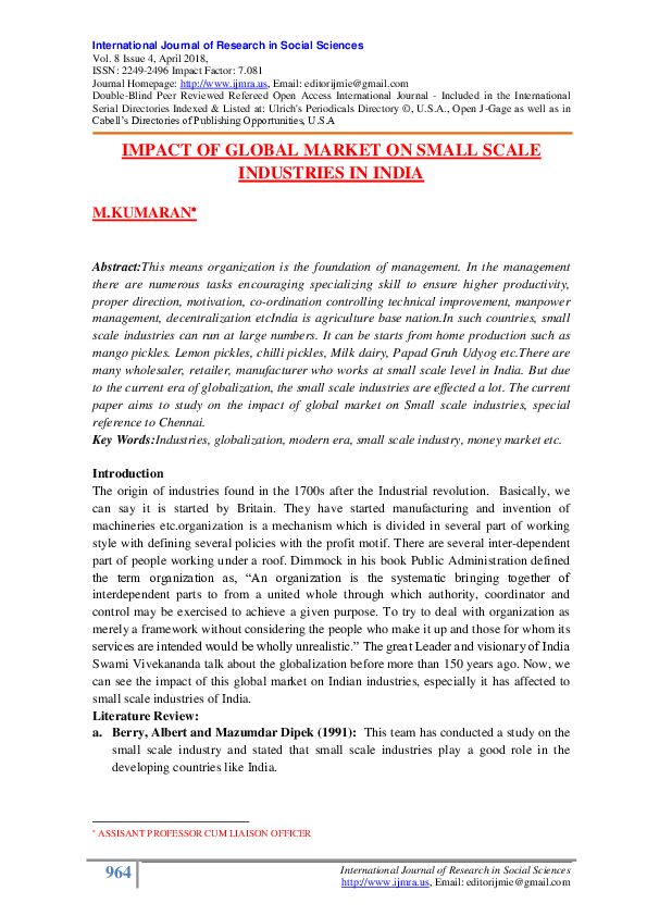 (PDF) IMPACT OF GLOBAL MARKET ON SMALL SCALE INDUSTRIES IN INDIA