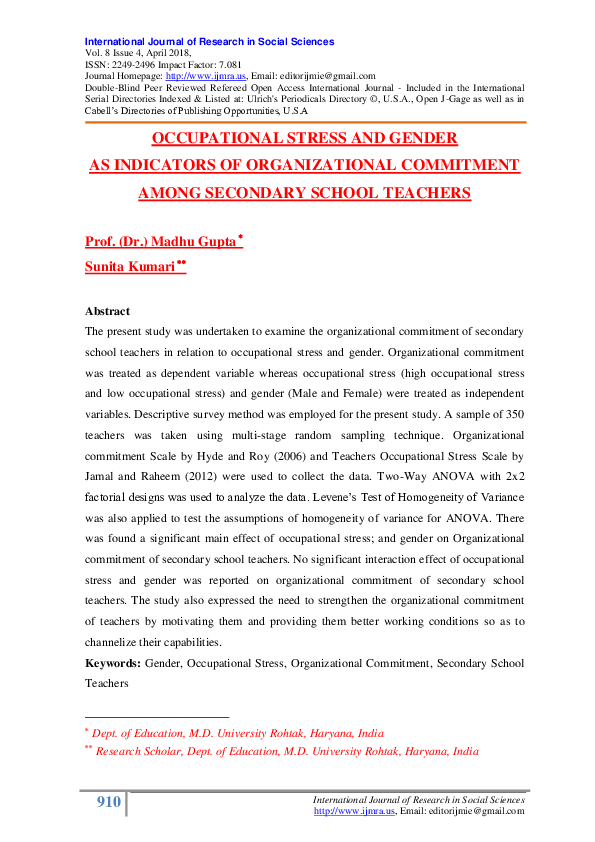(PDF) OCCUPATIONAL STRESS AND GENDER AS INDICATORS OF ORGANIZATIONAL ...