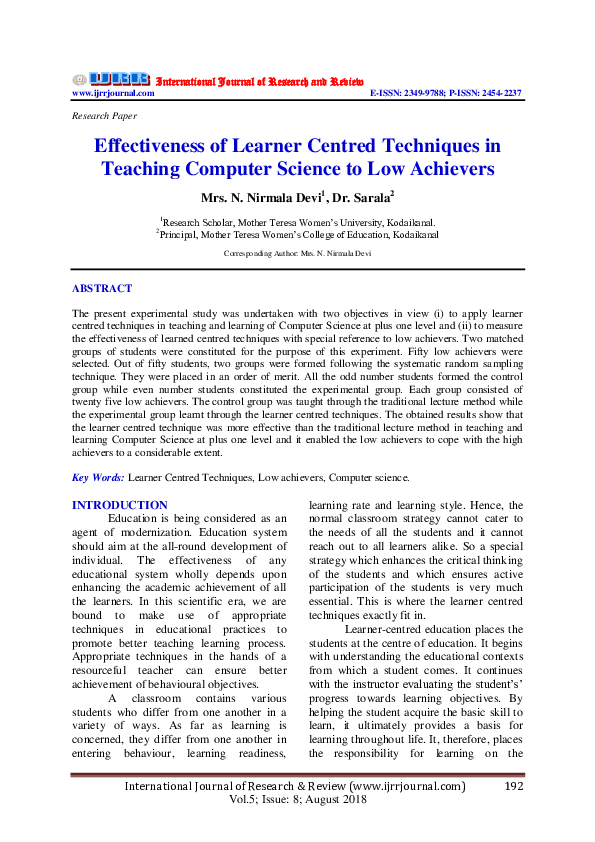 (PDF) Effectiveness of Learner Centred Techniques in Teaching Computer ...