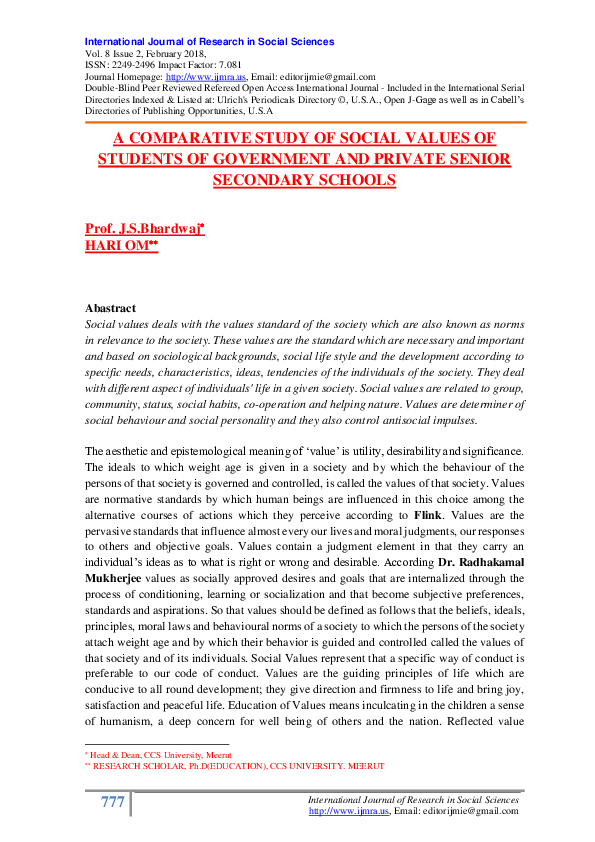 (PDF) A COMPARATIVE STUDY OF SOCIAL VALUES OF STUDENTS OF GOVERNMENT ...