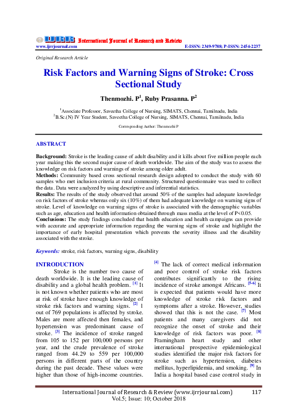 (PDF) Risk Factors and Warning Signs of Stroke: Cross Sectional Study