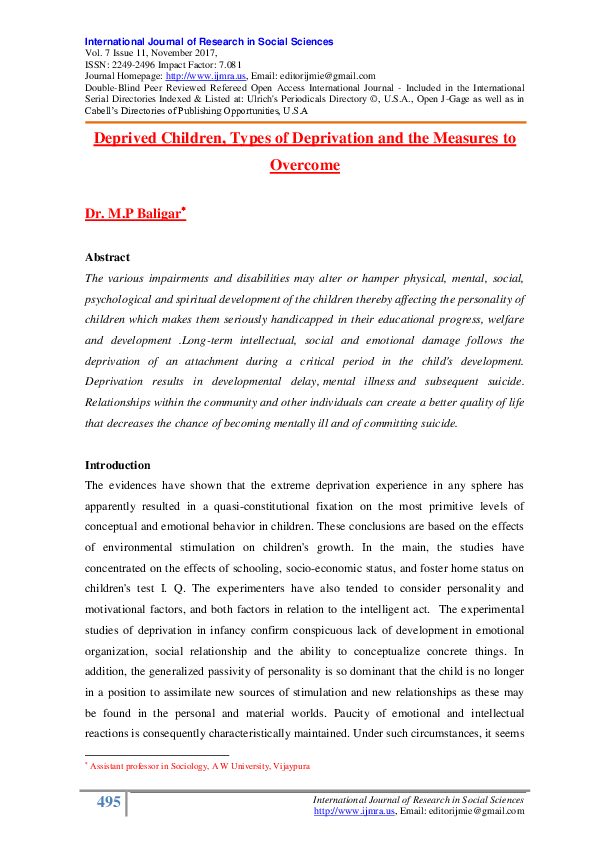 (PDF) Deprived Children, Types of Deprivation and the Measures to Publisher ijmra.us
