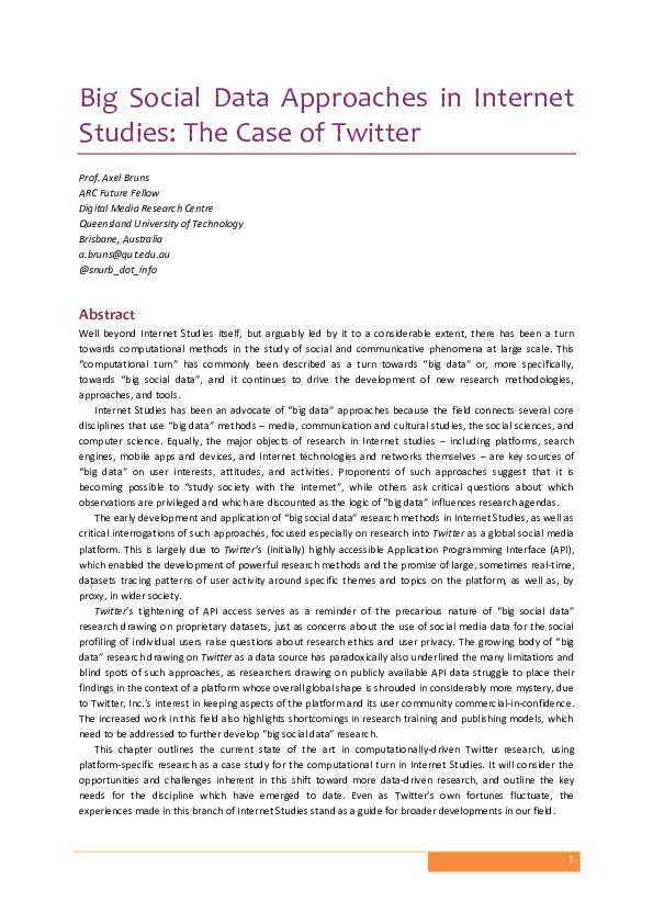 (PDF) Big Social Data Approaches in Internet Studies: The Case of Twitter