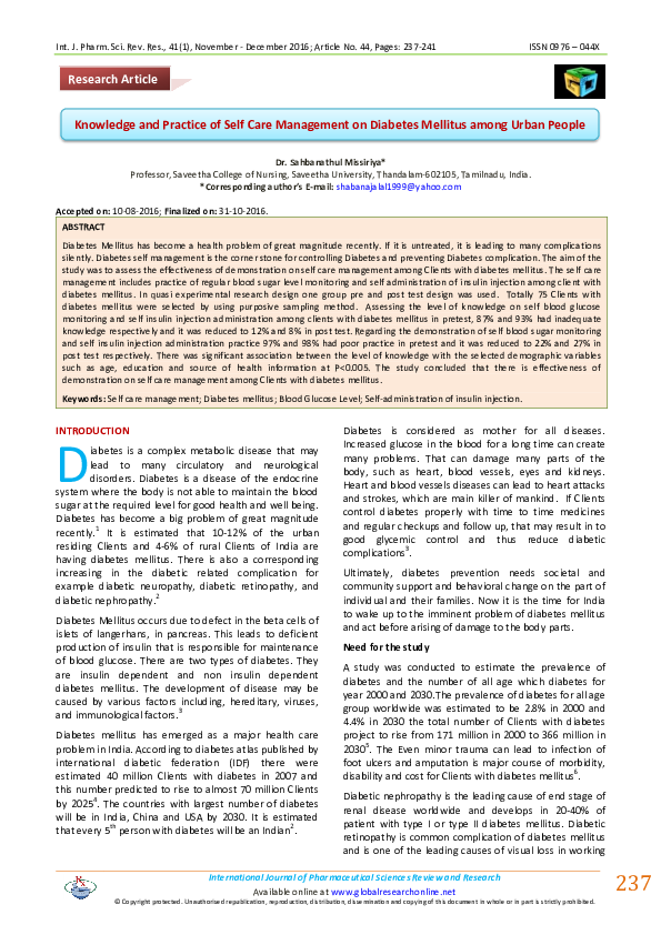 (PDF) Knowledge and Practice of Self Care Management on Diabetes ...